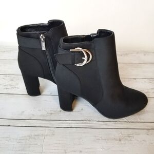 Unisa Rayray Black Material Block Heel Adjustable Side Zipper Ankle Boots